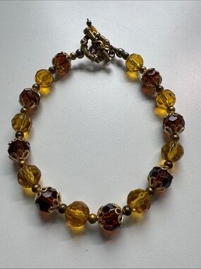Amber and Brown Faceted Bead Bracelet with Gold Accents - Women Jewelry